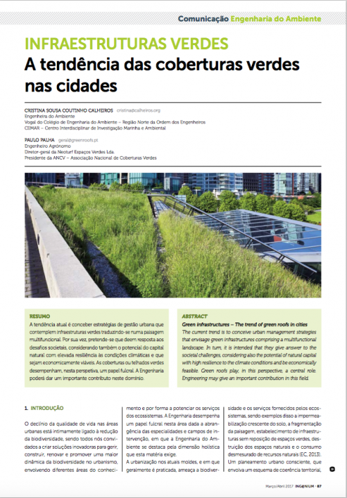 Artigo sobre Coberturas Verdes na revista INGENIUM da Ordem dos Engenheiros